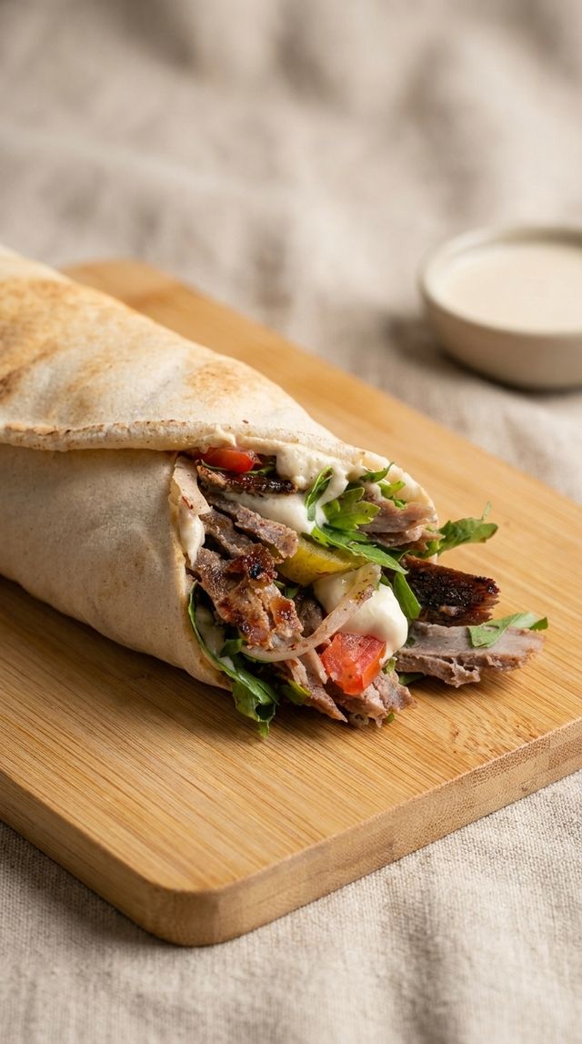 Beef shawarma wrap sliced in half, showing marinated beef, pickles, and garlic sauce wrapped in warm pita