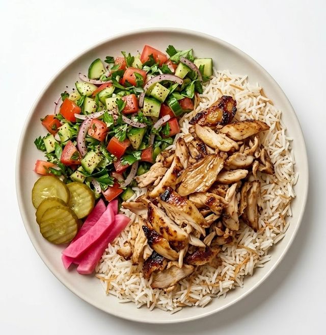 Chicken shawarma plate with rice, salad, and garlic sauce at Bayte Bites