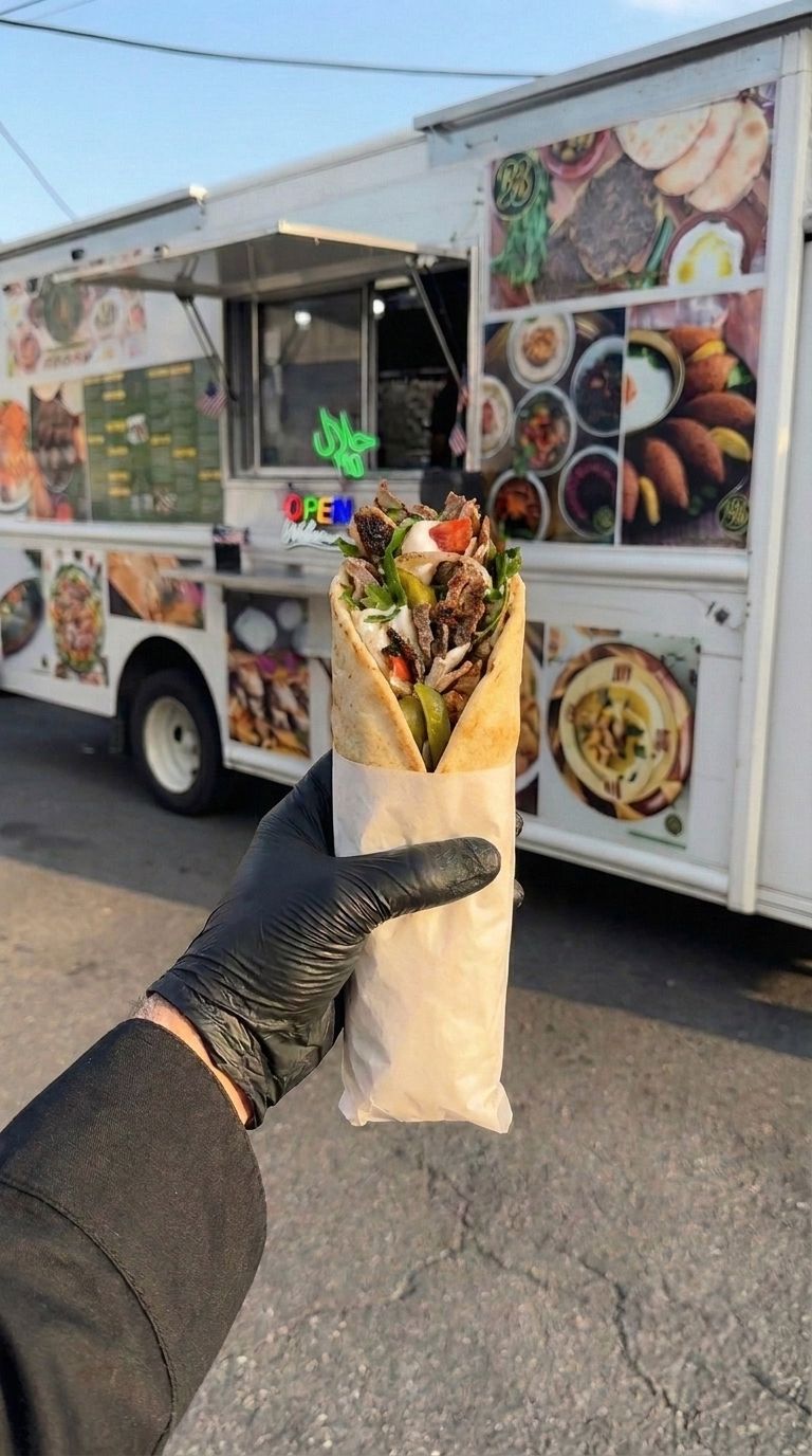 A gloved hand holds a beef shawarma wrap in front of the Bayte Bites food truck, its OPEN sign and green حلال (halal) neon lit in the window