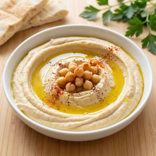 Bowl of creamy house-made hummus drizzled with olive oil and paprika