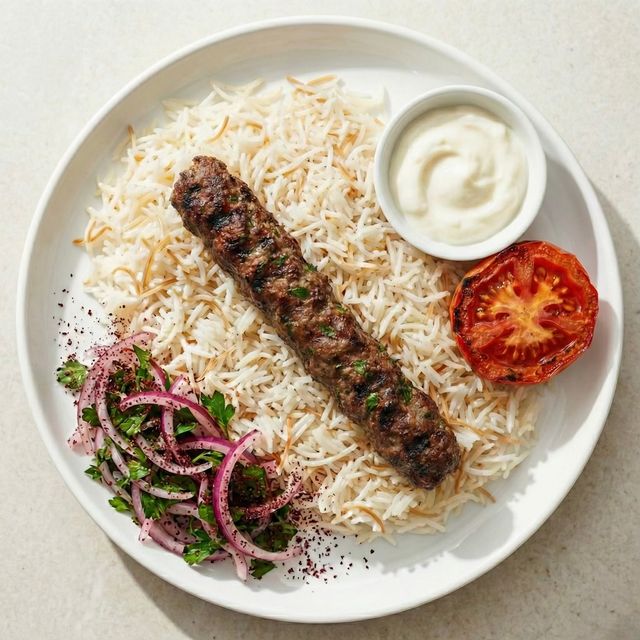 Grilled kafta plate served with rice, salad, and grilled tomato