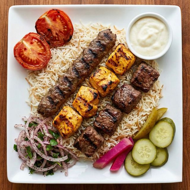 Mixed grill plate with beef, chicken, and kafta skewers fresh off the grill